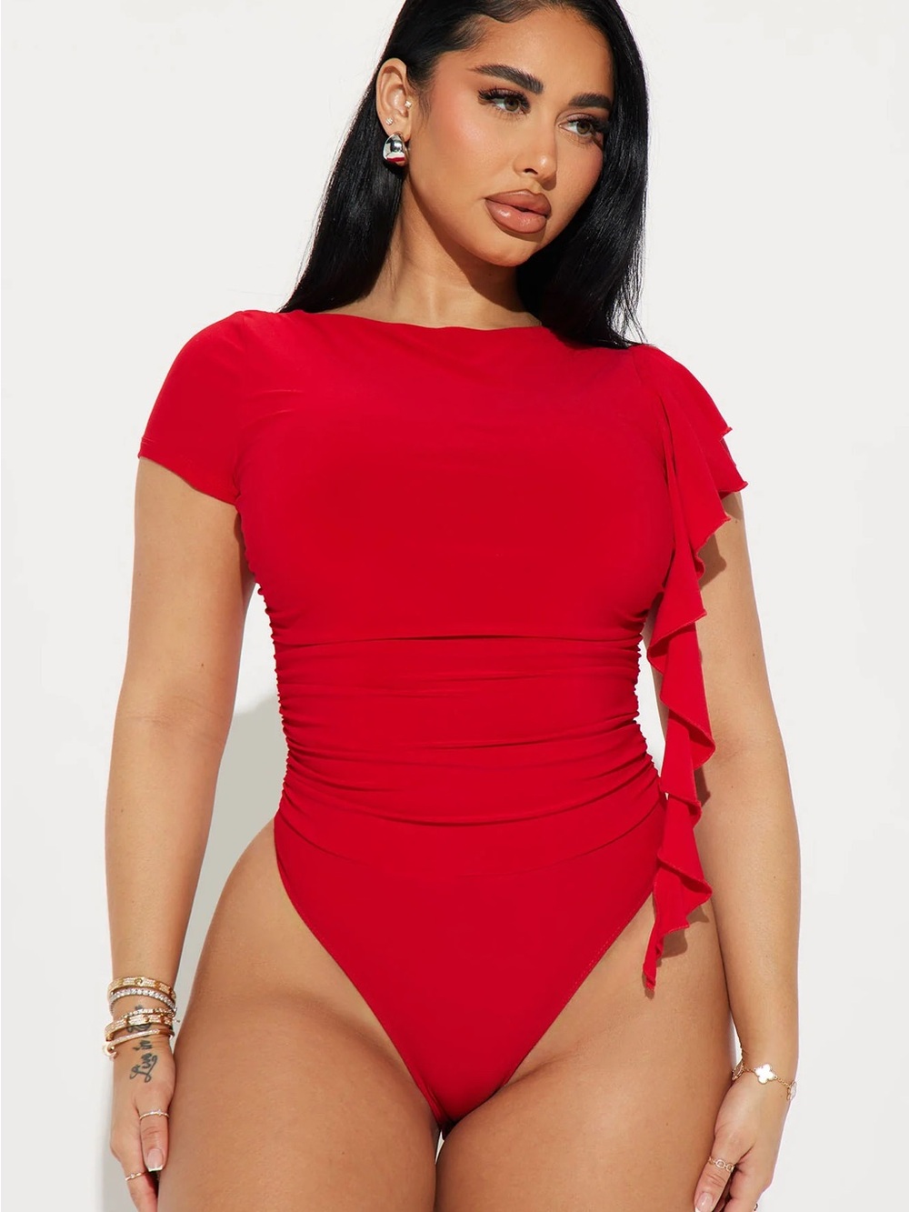 Fashion Nova Red Ruffle One-Shoulder Bodysuit New